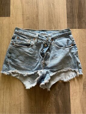 High-Rise Distressed Light Blue Denim Levi Shorts